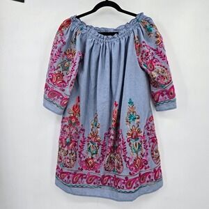 Blu Heaven Chambray Embroidered Off‎ Shoulder Dress Bohemian Festival Women S